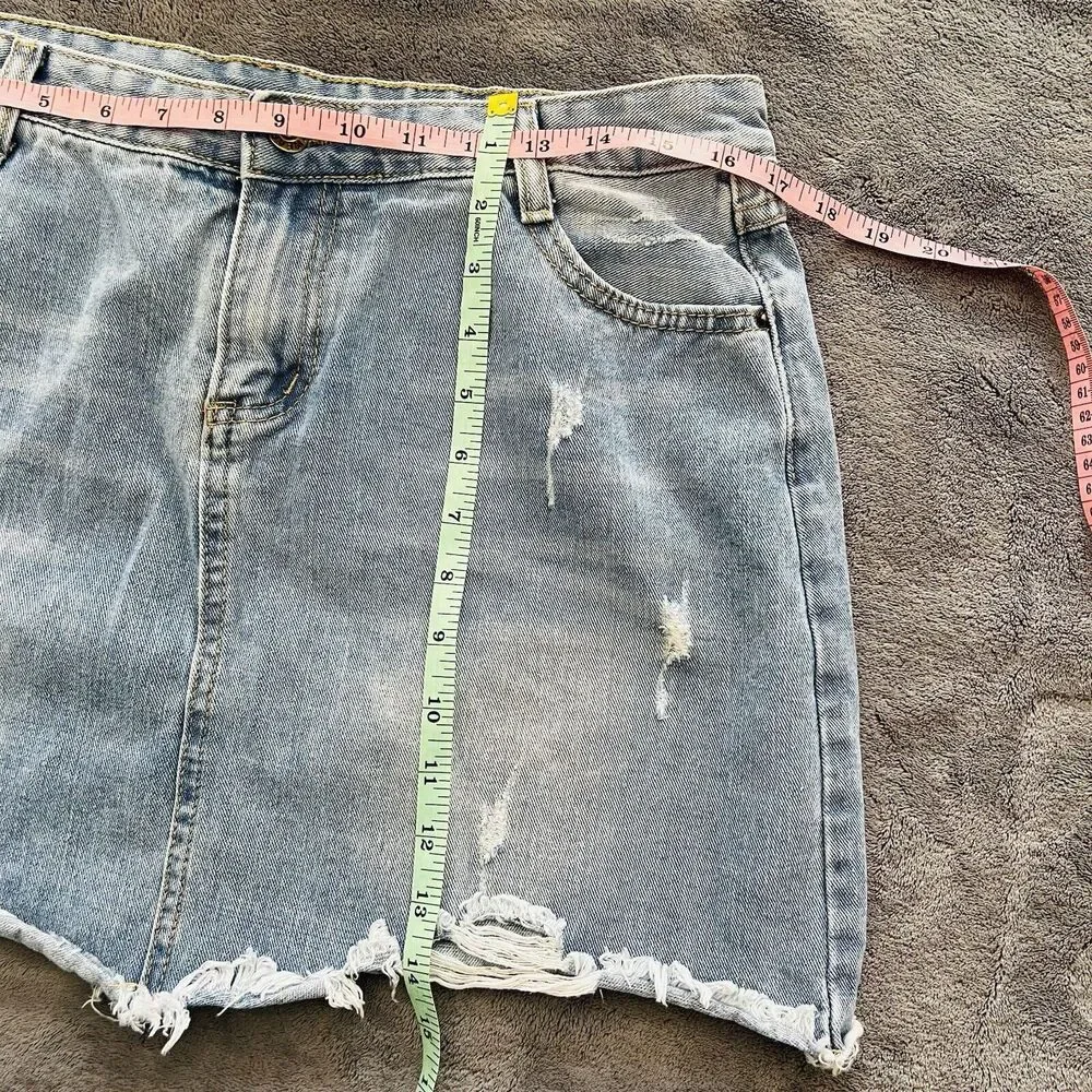 Jean Mini Skirt Denim Distressed Faded Y2K Punk Grunge Summer Festival Size 14 - Picture 5 of 6